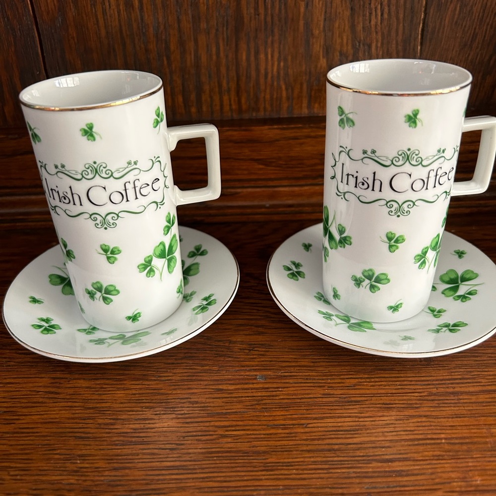 Vintage Lefton China Irish Coffee Mug with Saucer Shamrocks Hand Painted